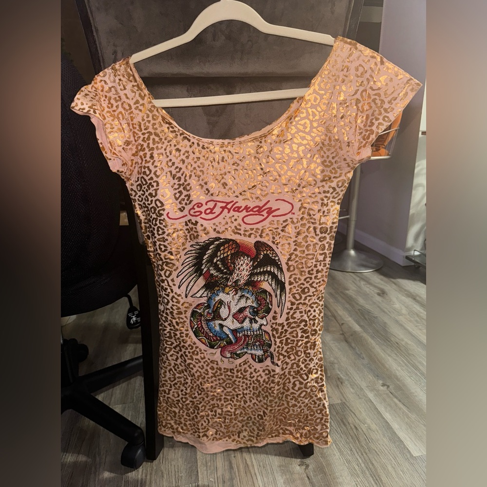 Ed Hardy by Christian Audigier Metallic Cheetah Dress Size Medium